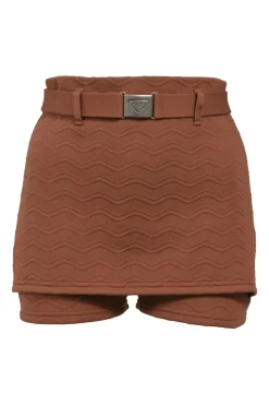 Brown bi-layer effect wave knit jacquard belted shorts