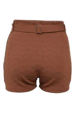 Brown bi-layer effect wave knit jacquard belted shorts