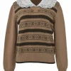 Brown camelhair fairisle intarsia knit pullover sweater with contrasting lace-trimmed collar