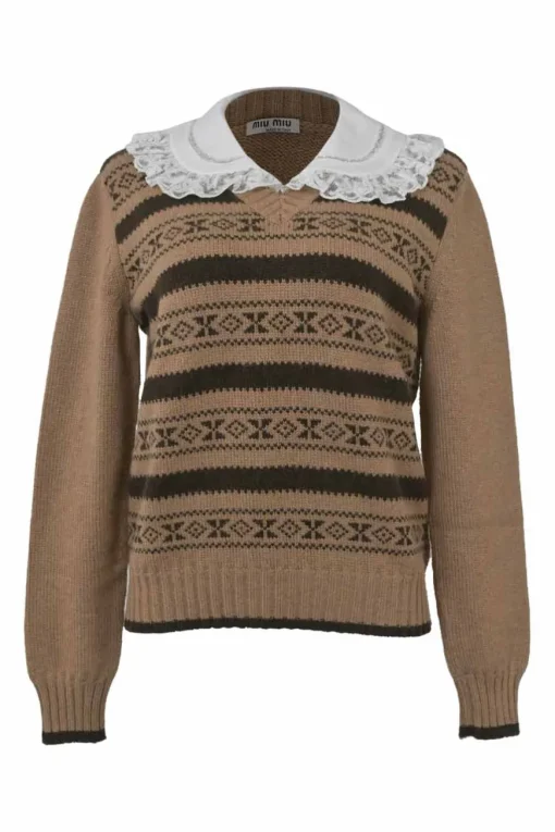 Brown camelhair fairisle intarsia knit pullover sweater with contrasting lace-trimmed collar
