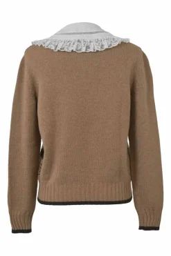 Brown camelhair fairisle intarsia knit pullover sweater with contrasting lace-trimmed collar