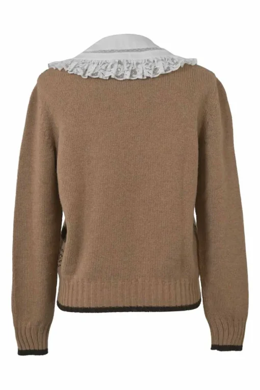 Brown camelhair fairisle intarsia knit pullover sweater with contrasting lace-trimmed collar