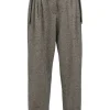 Brown cashmere-blend tweed pleat-front tapered pants with extended tab closure, waist adjusters, and pull tab cuffs