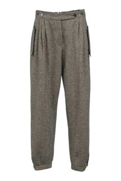 Brown cashmere-blend tweed pleat-front tapered pants with extended tab closure, waist adjusters, and pull tab cuffs