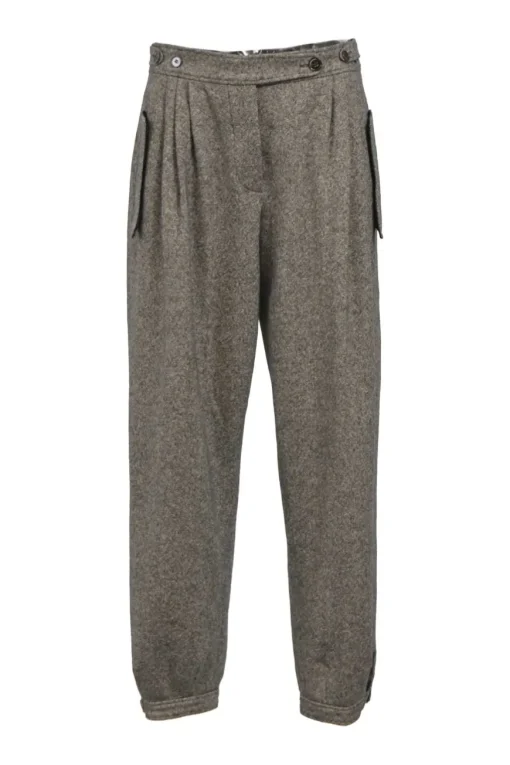 Brown cashmere-blend tweed pleat-front tapered pants with extended tab closure, waist adjusters, and pull tab cuffs