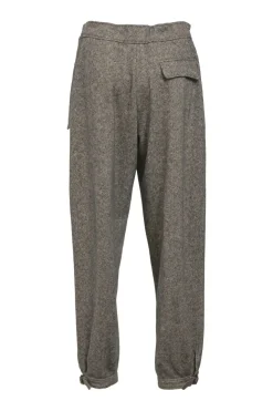 Brown cashmere-blend tweed pleat-front tapered pants with extended tab closure, waist adjusters, and pull tab cuffs
