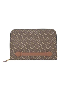 Brown coated TB monogram E-canvas and leather zip pouch