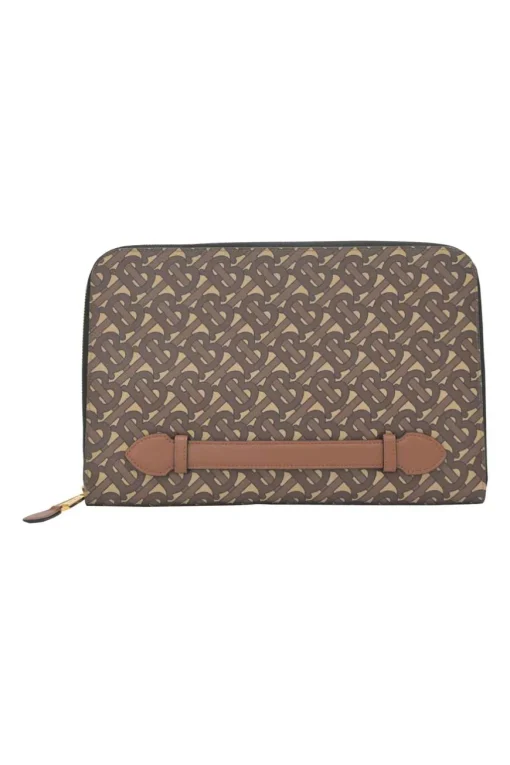 Brown coated TB monogram E-canvas and leather zip pouch