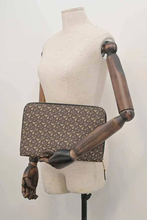 Brown coated TB monogram E-canvas and leather zip pouch