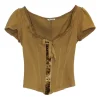 Brown cotton corset-style cap sleeve top with front velvet trim