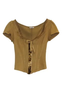 Brown cotton corset-style cap sleeve top with front velvet trim