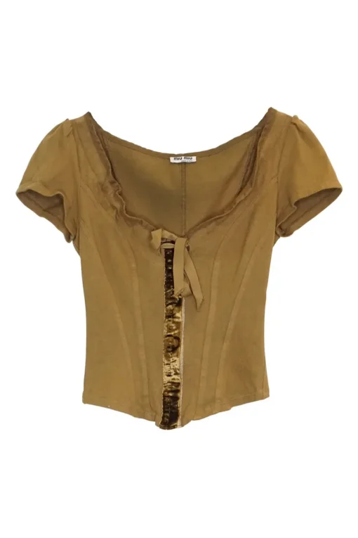 Brown cotton corset-style cap sleeve top with front velvet trim