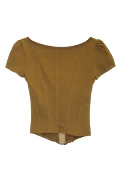 Brown cotton corset-style cap sleeve top with front velvet trim