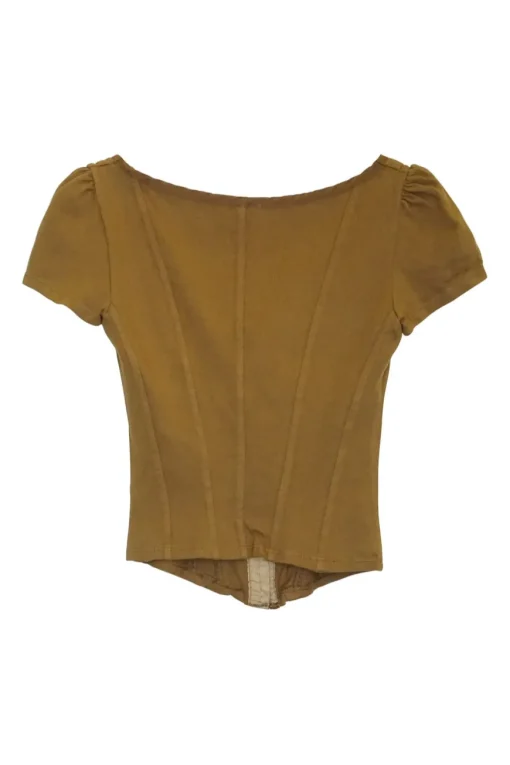 Brown cotton corset-style cap sleeve top with front velvet trim
