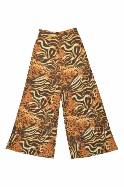 Brown cotton mixed animal print pull-on high-rise wide-leg pants