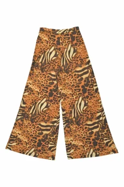 Brown cotton mixed animal print pull-on high-rise wide-leg pants