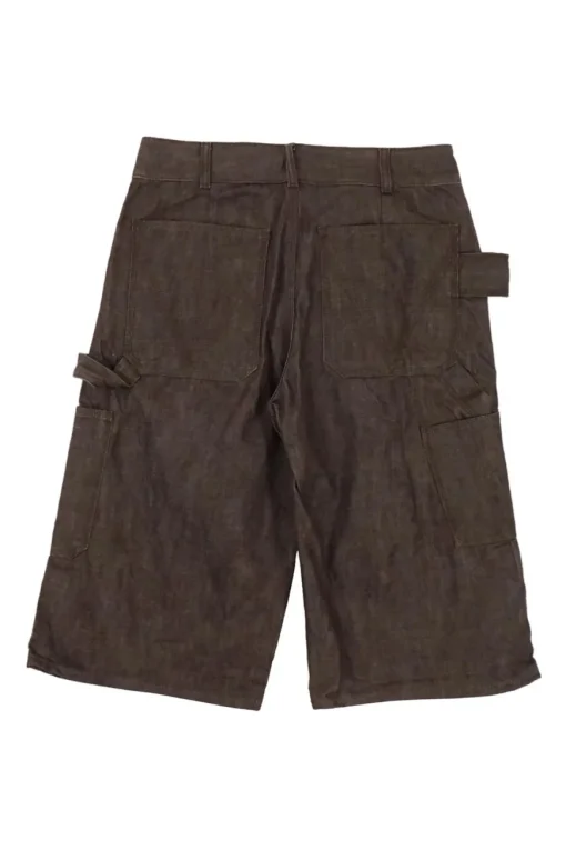 Brown cotton twill pull-on high-rise Bermuda shorts with hip tie details