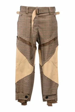 Brown cotton-blend mixed-media Glen check mid-rise belted utility pants with waist adjusters and tab cuffs