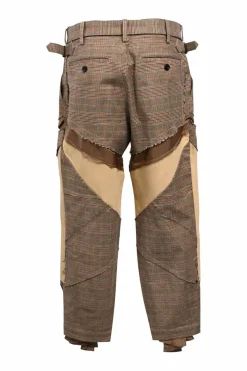 Brown cotton-blend mixed-media Glen check mid-rise belted utility pants with waist adjusters and tab cuffs