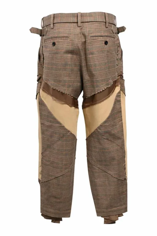 Brown cotton-blend mixed-media Glen check mid-rise belted utility pants with waist adjusters and tab cuffs