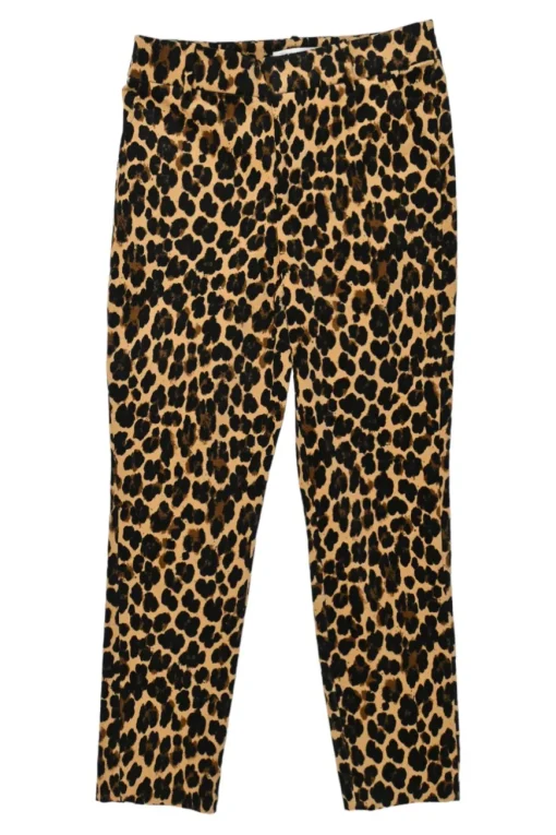 Brown cotton-spandex blend cheetah print tapered leg slacks