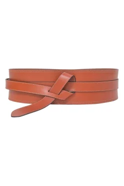 Brown cowhide leather Moshy knot waist belt with interlaced detail at front