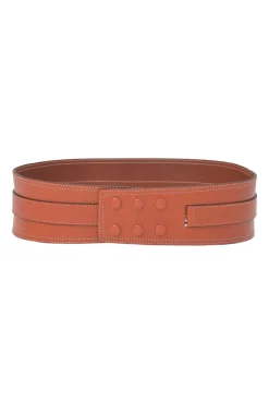Brown cowhide leather Moshy knot waist belt with interlaced detail at front