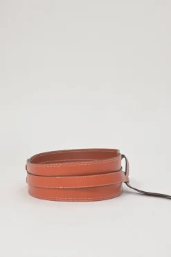 Brown cowhide leather Moshy knot waist belt with interlaced detail at front