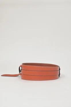 Brown cowhide leather Moshy knot waist belt with interlaced detail at front