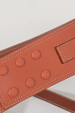 Brown cowhide leather Moshy knot waist belt with interlaced detail at front
