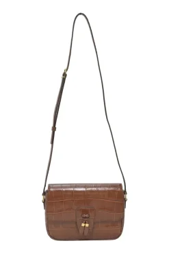 Brown croc-embossed calfskin tassel flap bag with adjustable shoulder strap