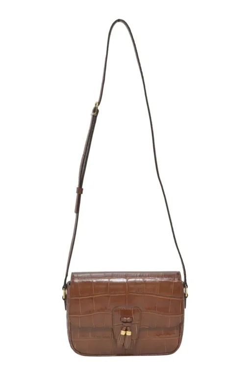Brown croc-embossed calfskin tassel flap bag with adjustable shoulder strap