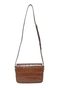 Brown croc-embossed calfskin tassel flap bag with adjustable shoulder strap