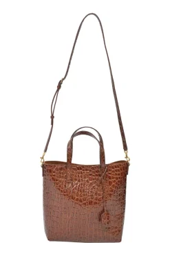 Brown croc-embossed satchel Toy top handle shopping satchel with detachable shoulder strap