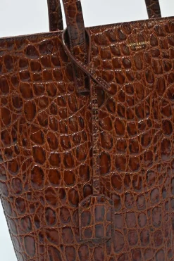 Brown croc-embossed satchel Toy top handle shopping satchel with detachable shoulder strap