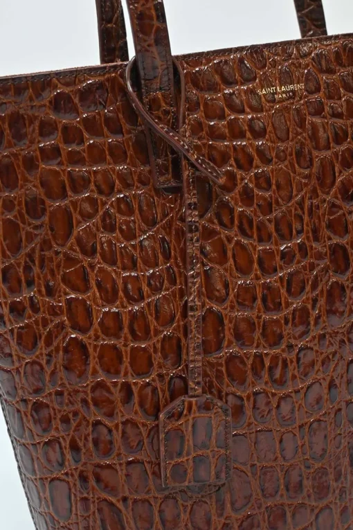 Brown croc-embossed satchel Toy top handle shopping satchel with detachable shoulder strap