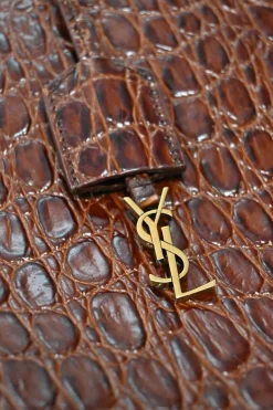 Brown croc-embossed satchel Toy top handle shopping satchel with detachable shoulder strap