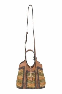 Brown crochet raffia and leather T Timeless shopping tote with detachable shoulder strap