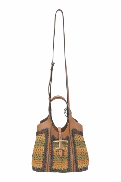 Brown crochet raffia and leather T Timeless shopping tote with detachable shoulder strap