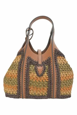 Brown crochet raffia and leather T Timeless shopping tote with detachable shoulder strap