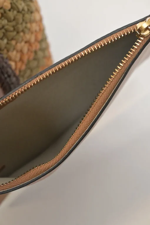 Brown crochet raffia and leather T Timeless shopping tote with detachable shoulder strap