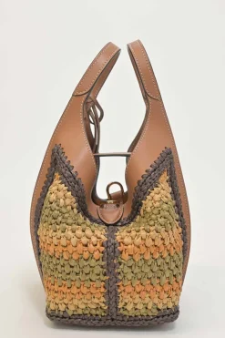 Brown crochet raffia and leather T Timeless shopping tote with detachable shoulder strap
