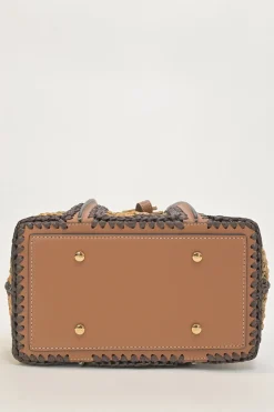Brown crochet raffia and leather T Timeless shopping tote with detachable shoulder strap