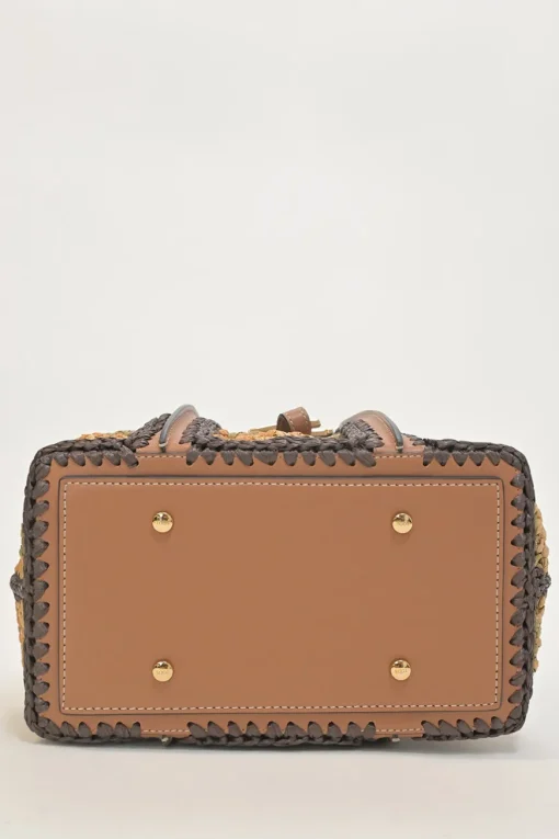 Brown crochet raffia and leather T Timeless shopping tote with detachable shoulder strap