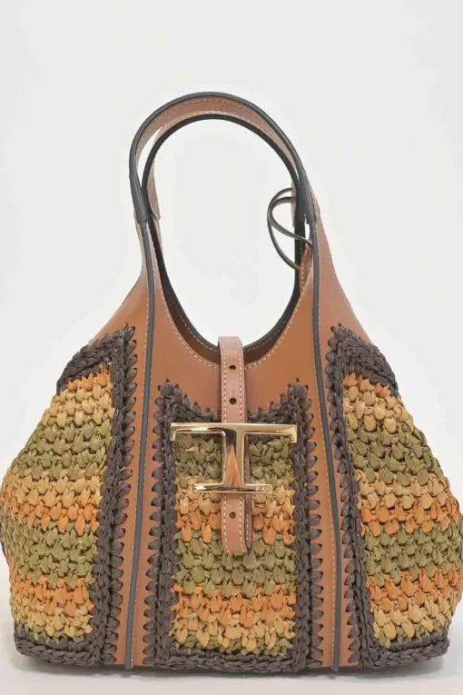 Brown crochet raffia and leather T Timeless shopping tote with detachable shoulder strap