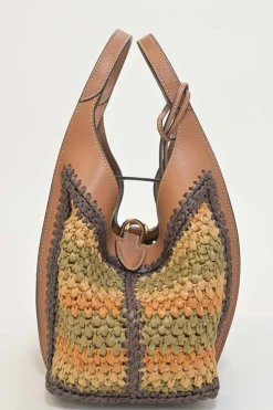 Brown crochet raffia and leather T Timeless shopping tote with detachable shoulder strap