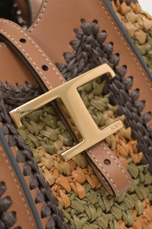 Brown crochet raffia and leather T Timeless shopping tote with detachable shoulder strap