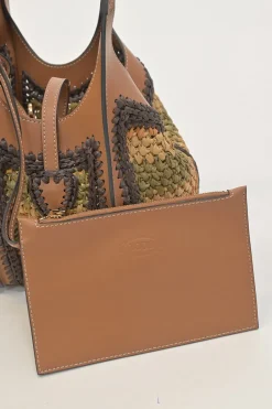 Brown crochet raffia and leather T Timeless shopping tote with detachable shoulder strap