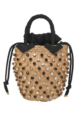 Brown crystal-embellished raffia and grosgrain Nina Twist Licorice bag