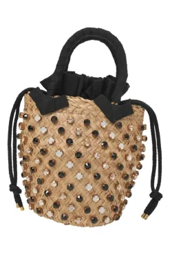 Brown crystal-embellished raffia and grosgrain Nina Twist Licorice bag